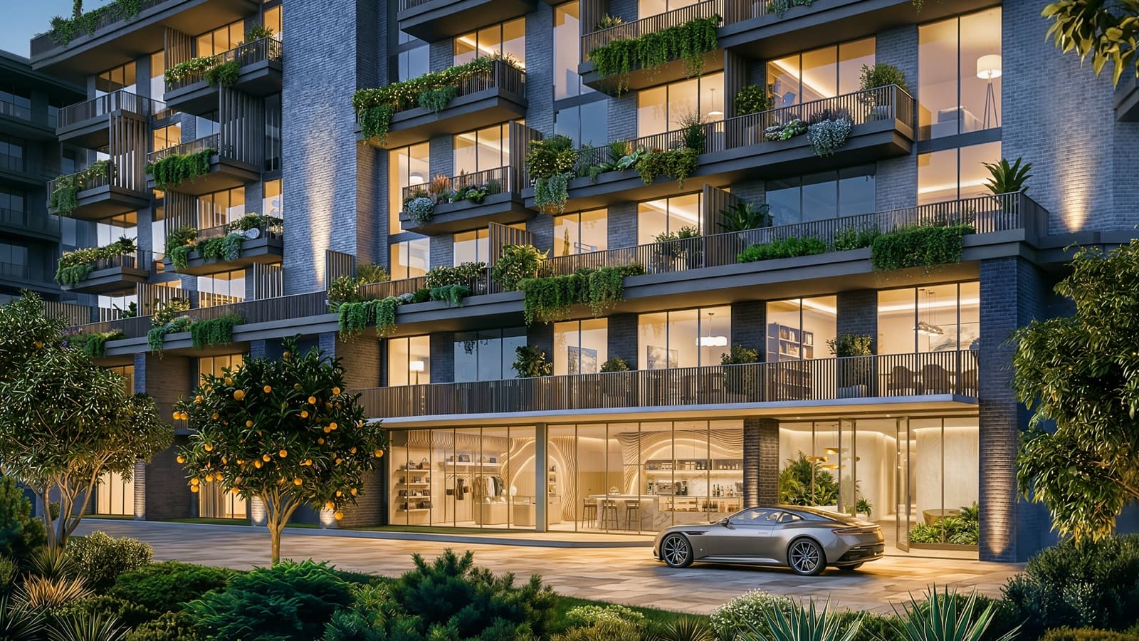 Arancia Yards — arrival through landscaped grounds
