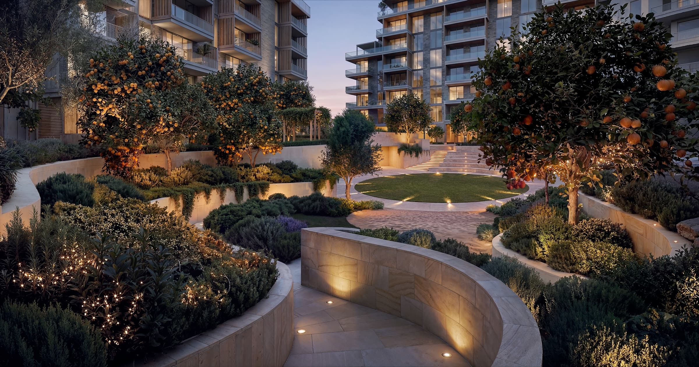 Arancia Yards — landscaped courtyard walkways at City of Arabia